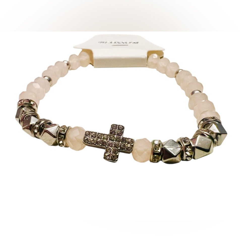 Beaded Cross Stretch Bracelet – Silver Toned/Pink Accents & Rhinestone